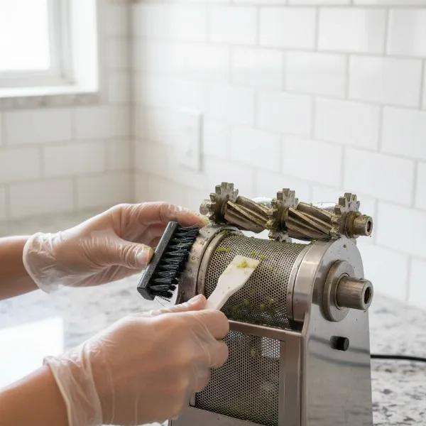A person demonstrating the thorough cleaning of Angel Juicer twin gears and screen housing using the provided brush and scraper