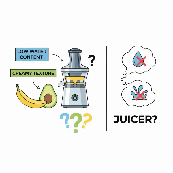 A visual representation of the challenge of juicing bananas and avocados, with text overlays indicating "low water" and "creamy texture."
