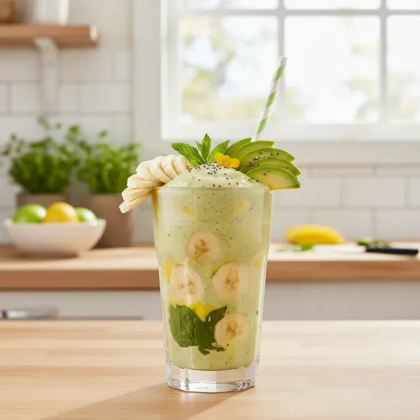 A vibrant, delicious-looking smoothie made with bananas and avocados, in a glass with garnishes, emphasizing health and taste.