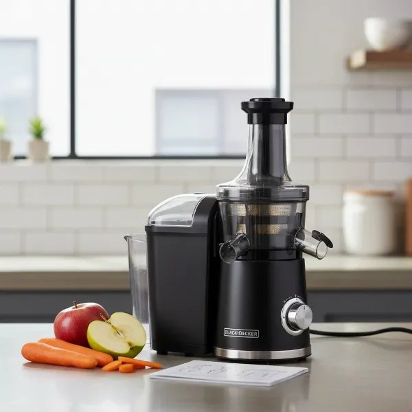 Black+Decker Light Weight Extractor compact design on a kitchen counter, showcasing its small footprint and sleek appearance.