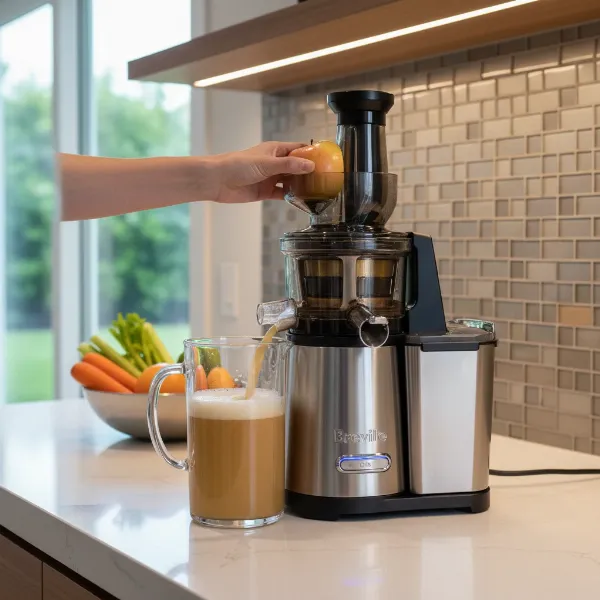 A sleek Breville centrifugal juicer on a modern kitchen counter with fresh fruits beside it, emphasizing speed and design.