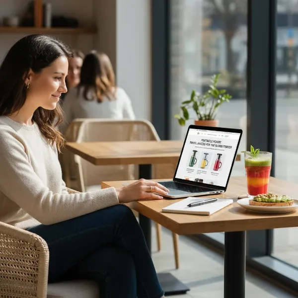 A person researching travel juicers on a laptop, with a glass of vibrant juice nearby, symbolizing the informed decision-making for health on the go