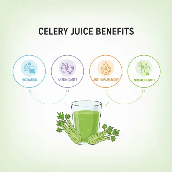 A colorful infographic illustrating the key health benefits of celery juice