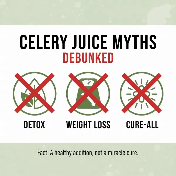 A graphic showing debunked myths about celery juice, such as "detox" and "miracle cure" with a red cross over them