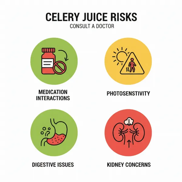 A graphic warning about potential risks and side effects of celery juice, like medication interactions and skin sensitivity