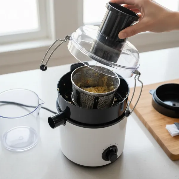 Centrifugal juicer components being disassembled, showing motor base, pulp collector, filter basket, and lid.