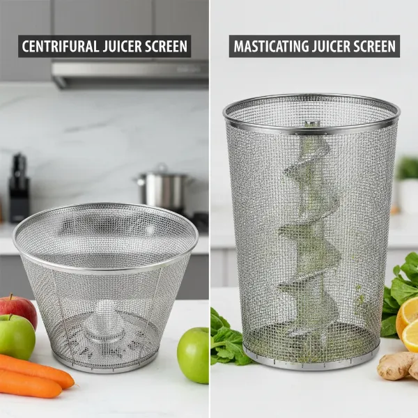 Comparative view of centrifugal and masticating juicer screens designs.