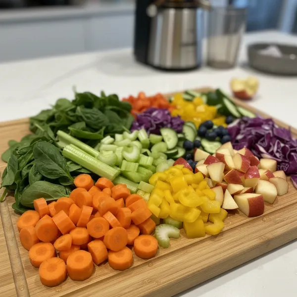 Various pre-chopped fruits and vegetables (carrots, celery, apples, spinach) neatly arranged on a cutting board, ready for a juicer, showcasing efficient preparation.