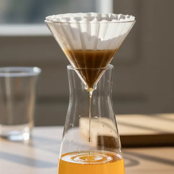 A close-up of juice slowly dripping through a coffee filter placed in a funnel, demonstrating gravity filtration for clarified juice.