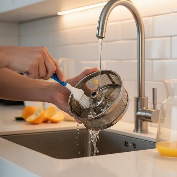 hands cleaning disassembled juicer parts under running water for cocktail juice prep