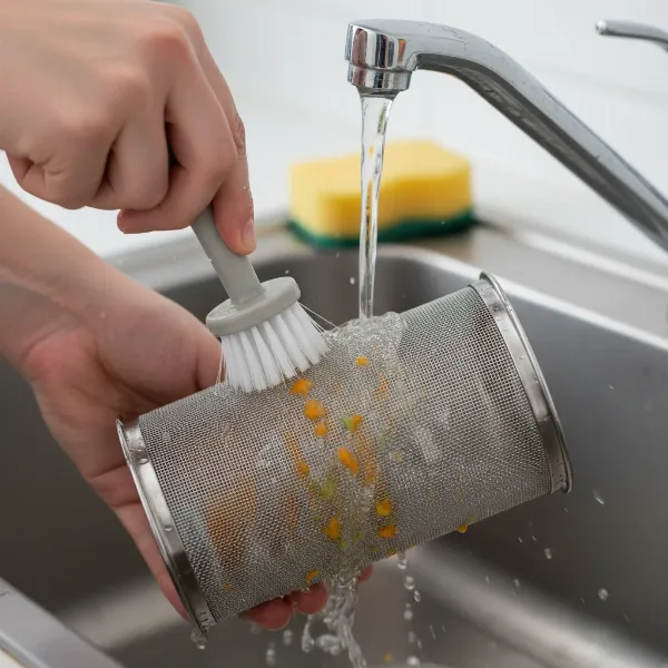 Hand using a small brush to clean the fine mesh of a juicer screen.