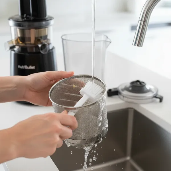 Hands cleaning the stainless steel sieve of a NutriBullet Juicer Pro with a brush