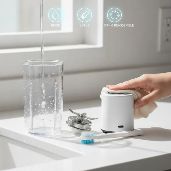 Close-up demonstrating the easy cleaning process of a travel juicer, showing disassembled parts ready for rinsing after juicing for health on the go