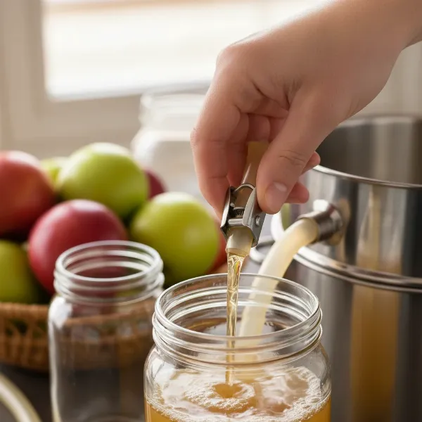 A close-up shot of clear, hot fruit juice being collected from a steam juicer's silicone hose into a glass jar, demonstrating the process. 
