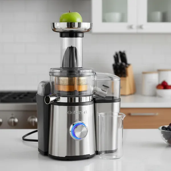 Close-up of the Cuisinart Juice Extractor showcasing its sleek stainless steel design and large feed chute