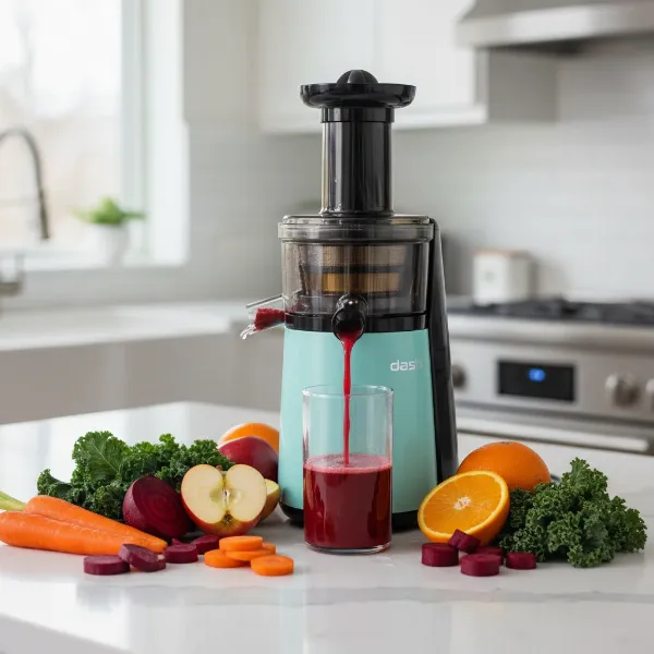 Dash Compact Cold Press Juicer on a kitchen counter, making fresh juice