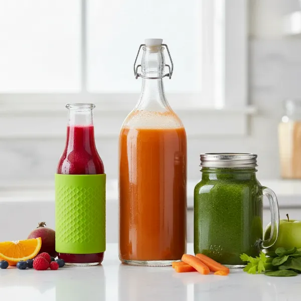 Assortment of glass juice bottle styles, including milk-bottle, silicone-sleeved, wide-mouth