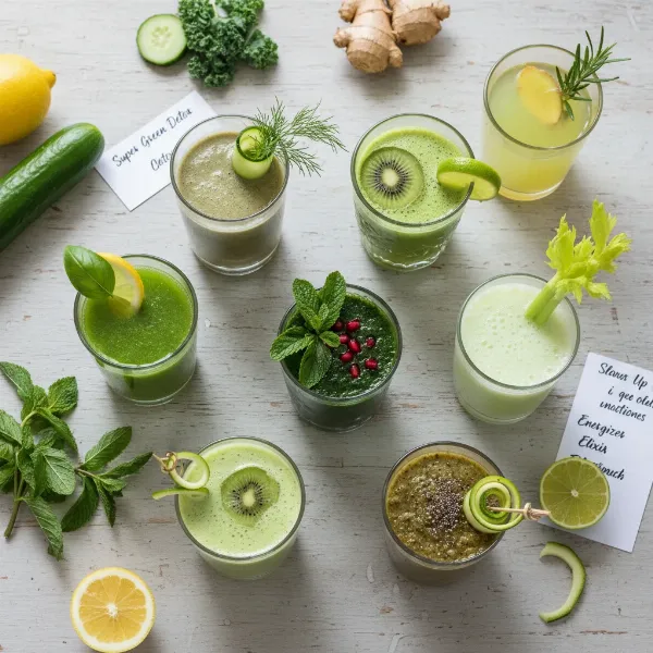 A flat lay of various small glasses of different green juice recipes, each with unique garnish, showcasing variety and creativity.