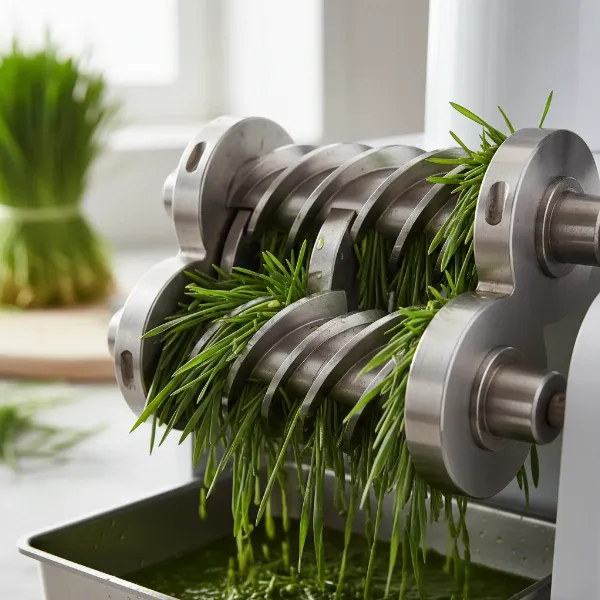 Close-up of twin gears in a double auger juicer grinding wheatgrass for high yield.