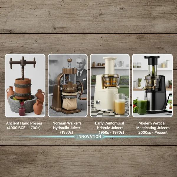 Illustration depicting the evolution of juicers from ancient presses to modern slow masticating models.