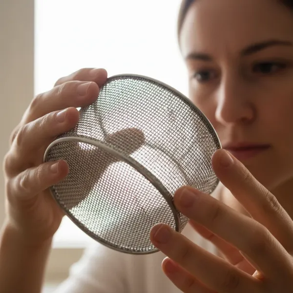 Hand holding a juicer screen up to light, inspecting for clogs and damage.