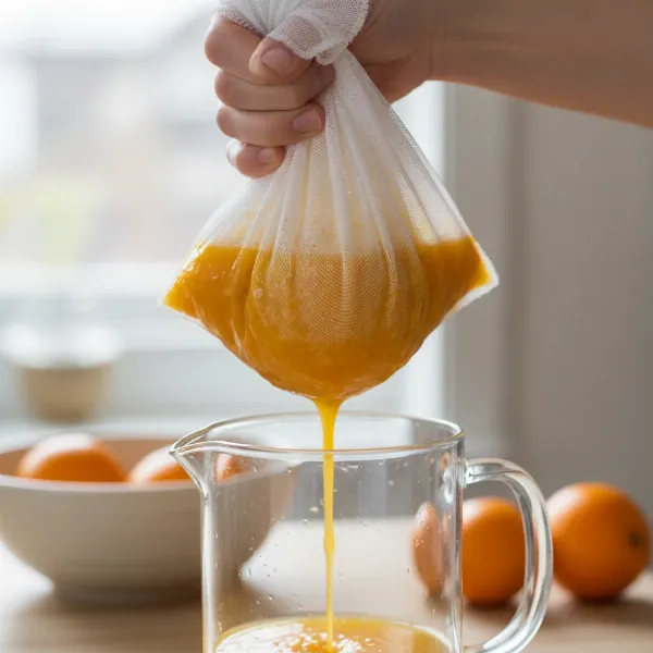 A hand squeezing a nut milk bag filled with fresh fruit juice into a glass pitcher, illustrating how to filter juice for a smoother texture.