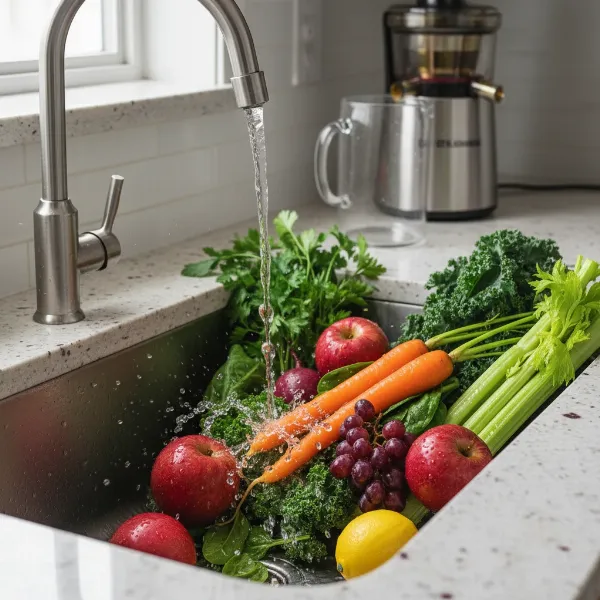 A variety of fresh fruits and vegetables being thoroughly washed in a kitchen sink, emphasizing cleanliness and preparing for juicing.