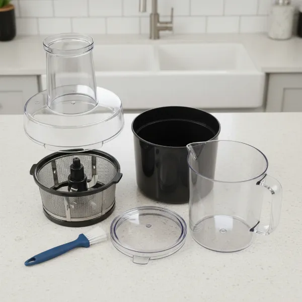 Disassembled Gourmia juicer parts, showing easy cleaning, dishwasher-safe components, filter.