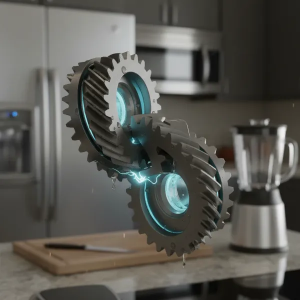 Close-up of the Tribest Greenstar Elite's stainless steel twin gears, highlighting their intricate design and magnetic bioceramic technology.