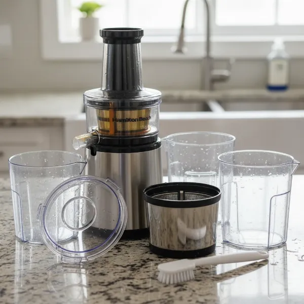 A disassembled Hamilton Beach Big Mouth Juicer showing its easy-to-clean parts.