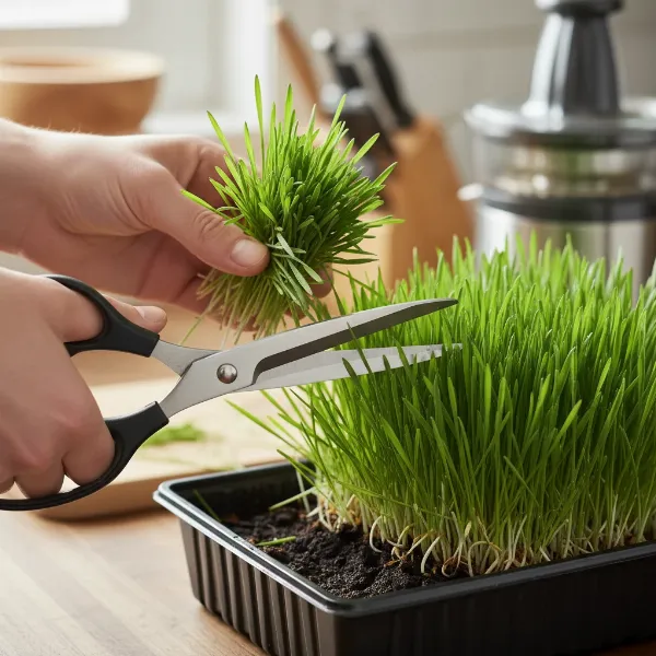 Harvesting fresh wheatgrass for immediate juicing with scissors, showing vibrant green blades.