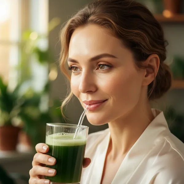 A close-up of a woman with radiant, healthy skin, taking a sip of green juice, highlighting beauty and wellness.