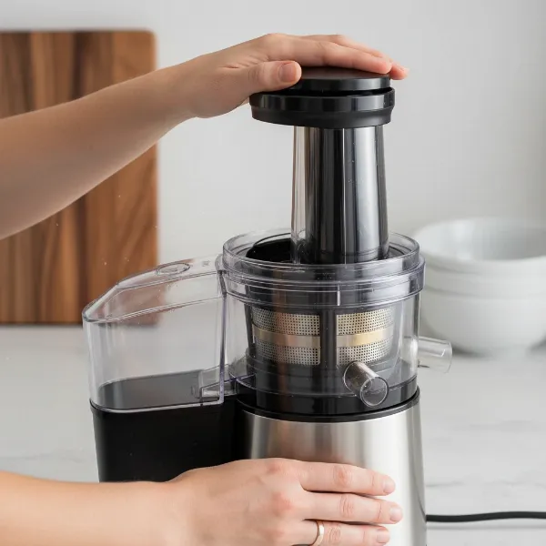 A person checking the assembly of a high-speed juicer on a kitchen counter, ensuring all parts are locked securely with a dry cloth nearby. 