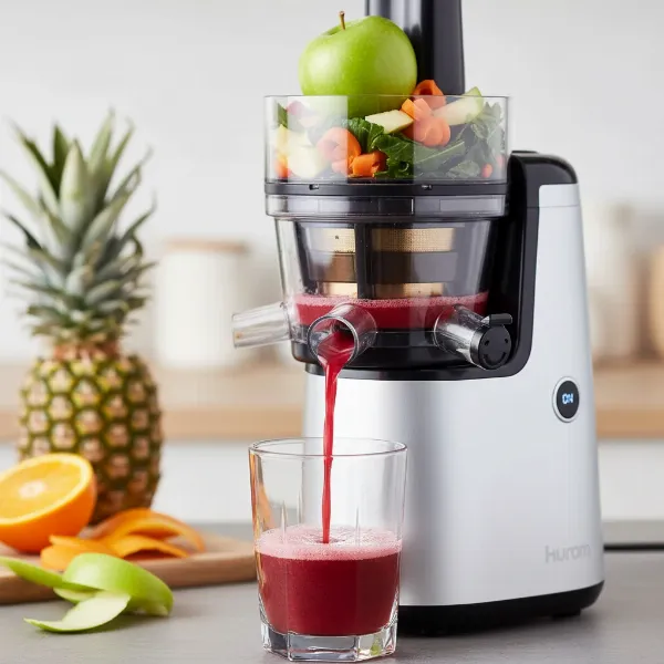 Key features of the Hurom H400 slow juicer, highlighting its easy-clean system and large hopper