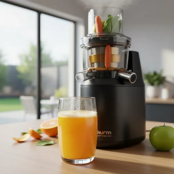 Hurom H400 juicer demonstrating excellent juice yield and quiet operation with fresh produce