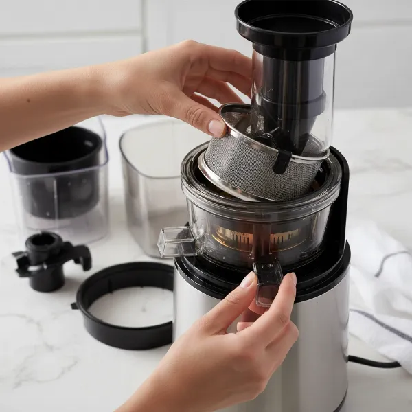 A person carefully installing a new juicer screen into a juicer base.