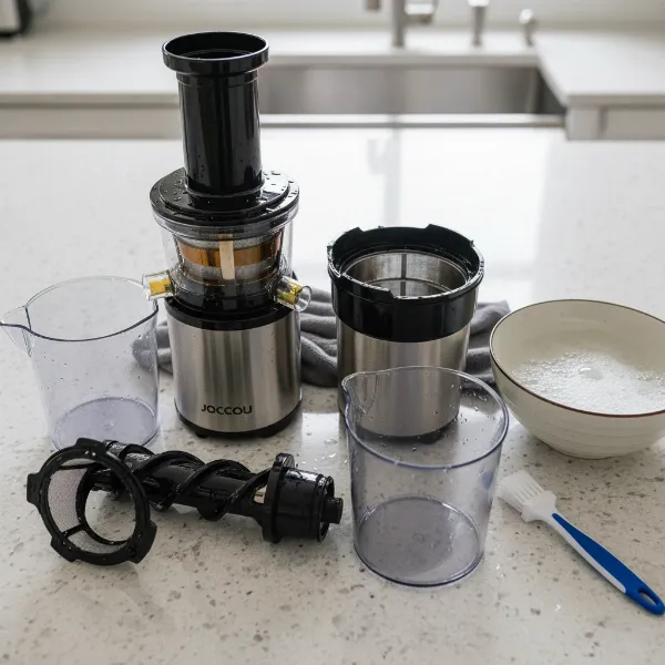 Detachable parts of a Jocuu slow masticating juicer laid out for easy cleaning, with a cleaning brush nearby.