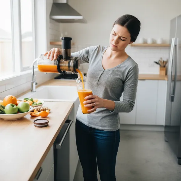 Woman pouring freshly made centrifugal juice into an airtight glass bottle to prevent oxidation