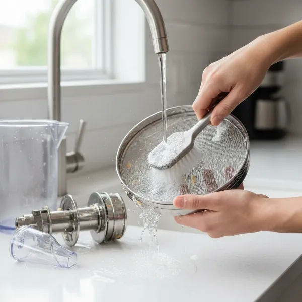 A person demonstrating proper cleaning of a juicer, emphasizing easy disassembly and thorough rinsing for maintenance and longevity.