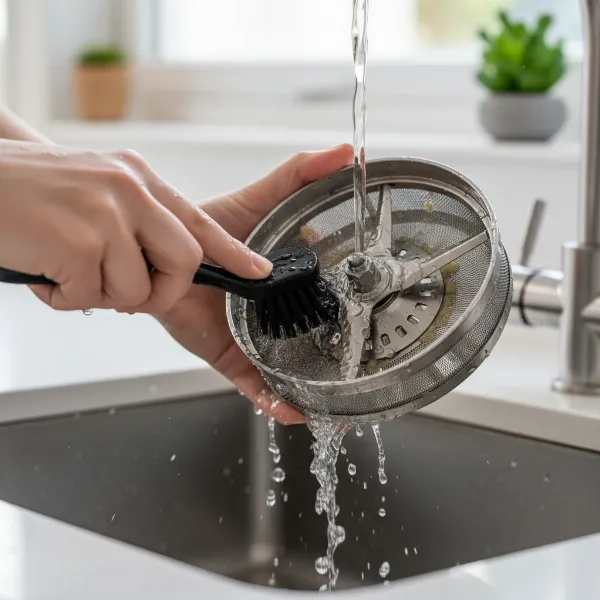 A person carefully cleaning the sharp blade of a high-speed juicer with a brush under running water, highlighting safe cleaning practices. 