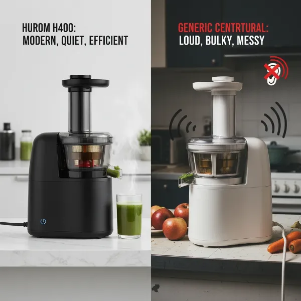 Hurom H400 side-by-side with other juicer models for comparison of features and design