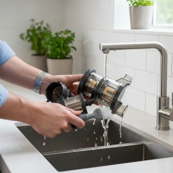Someone cleaning juicer parts after use to prevent overheating and maintain lifespan.