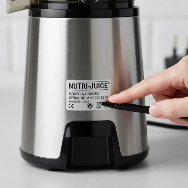 Close-up of a juicer's label showing brand and model number for parts.