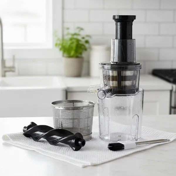 Various disassembled juicer parts laid out for cleaning, including the auger, filter, and chamber, with a small brush nearby.
