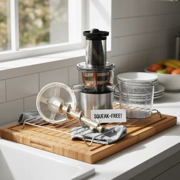 Clean, disassembled juicer parts, including the auger, screen, and juicing chamber, air-drying on a rack after thorough cleaning to prevent residue buildup and squeaking. 