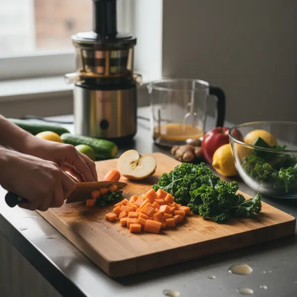A person preparing fruits and vegetables for a slow press juicer, showing cut produce next to the juicer, indicating the prep time involved.