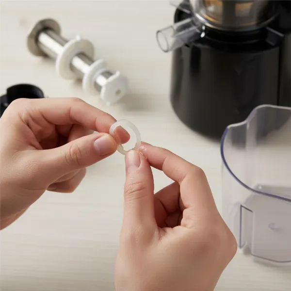 A person performing routine maintenance on a disassembled juicer, applying food-grade lubricant to an O-ring and wiping down parts, illustrating preventative care for quiet juicing. 