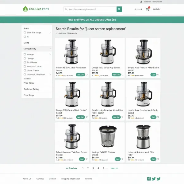 Online shopping interface showing different juicer screen replacement options.