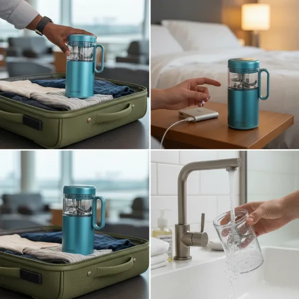 Hands demonstrating the key criteria for choosing a travel juicer, including packing, charging, and cleaning, highlighting health on the go