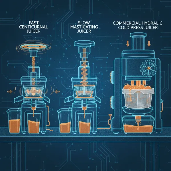An illustration of three types of juicers side-by-side: a fast centrifugal juicer, a slow masticating juicer, and a large commercial hydraulic cold press juicer, highlighting their different mechanisms.